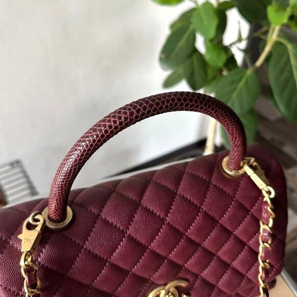 Authentic CHANEL Caviar Lizard Embossed Quilted Small Coco Handle Flap Burgundy - Picture 9 of 14